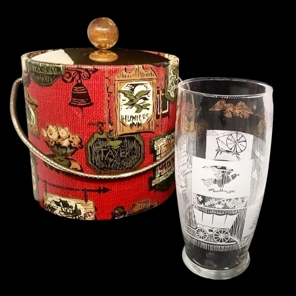 Vintage early American colonial eagle pattern ice bucket & 1 glass